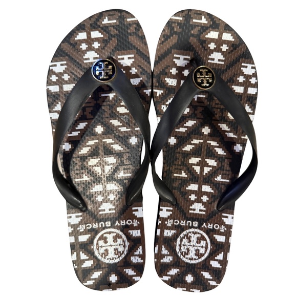 Tory Burch Brown, White & Black Patterned Flip Flops, woman size 8 - look new - Picture 3 of 4